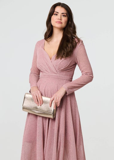 Izabel London Pink Sparkly V-Neck Long Sleeve Maxi Dress