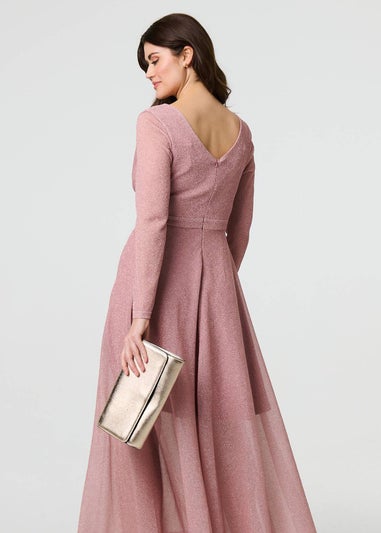 Izabel London Pink Sparkly V-Neck Long Sleeve Maxi Dress