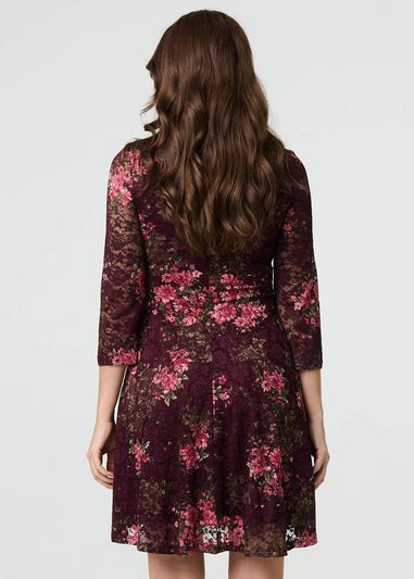 Izabel London Burgundy Floral Lace Layer Pleated Short Dress