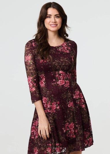 Izabel London Burgundy Floral Lace Layer Pleated Short Dress