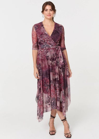 Izabel London Plum Floral Mesh Hanky Hem Wrap Midi Dress