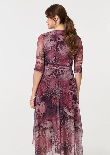 Izabel London Plum Floral Mesh Hanky Hem Wrap Midi Dress