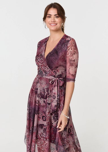 Izabel London Plum Floral Mesh Hanky Hem Wrap Midi Dress