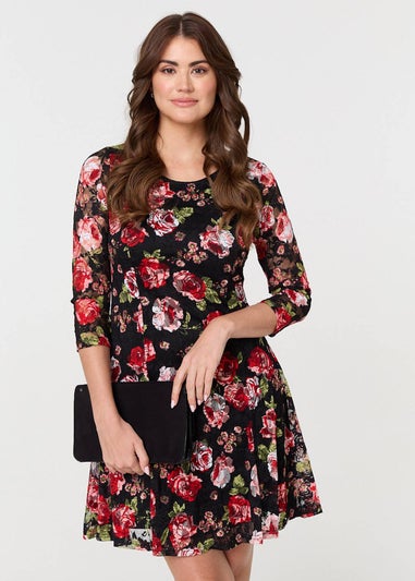 Izabel London Black Rose Print Short Skater Dress