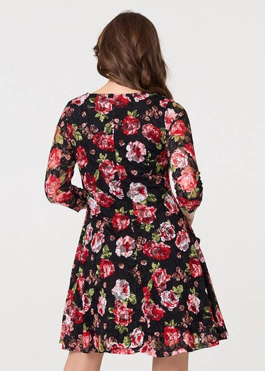Izabel London Black Rose Print Short Skater Dress