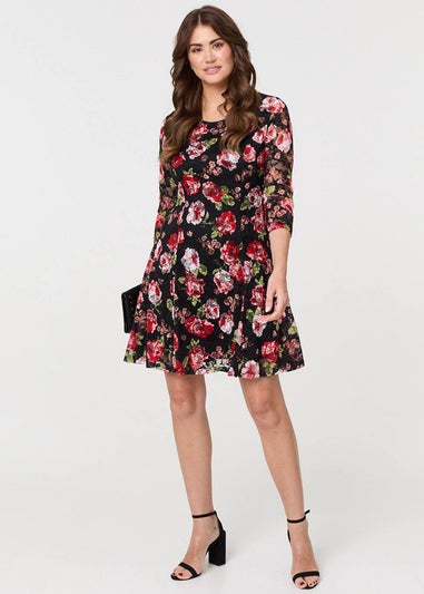 Izabel London Black Rose Print Short Skater Dress
