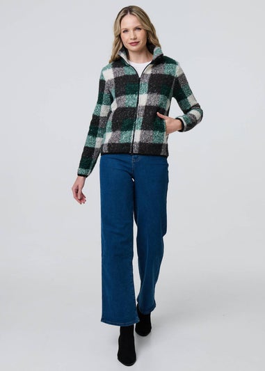 Izabel London Green Checked Zip Front Boxy Teddy Jacket