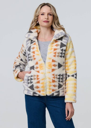 Izabel London Cream Aztec Print Relaxed Teddy Fur Jacket