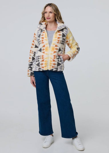 Izabel London Cream Aztec Print Relaxed Teddy Fur Jacket