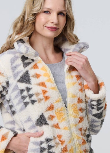 Izabel London Cream Aztec Print Relaxed Teddy Fur Jacket