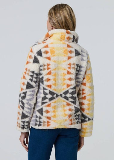 Izabel London Cream Aztec Print Relaxed Teddy Fur Jacket