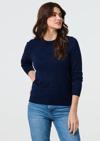 Izabel London Navy Embroidered Texture Long Sleeve Jumper