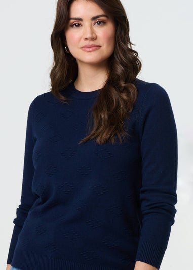 Izabel London Navy Embroidered Texture Long Sleeve Jumper