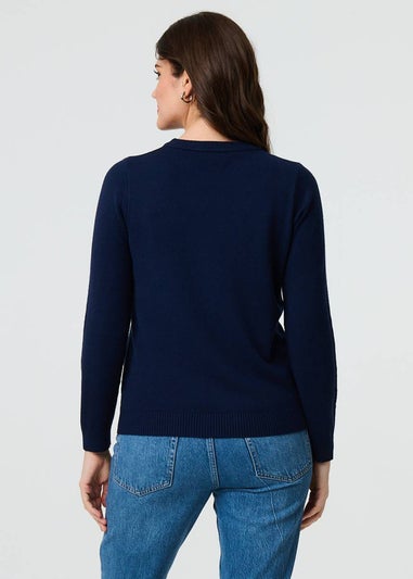 Izabel London Navy Embroidered Texture Long Sleeve Jumper