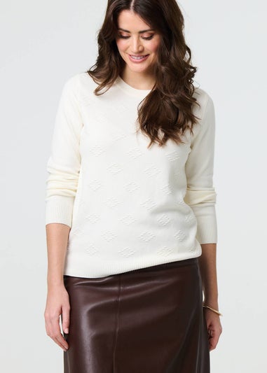 Izabel London White Embroidered Texture Long Sleeve Jumper