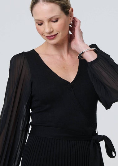 Izabel London Black Semi Sheer Pleated Knee length Dress