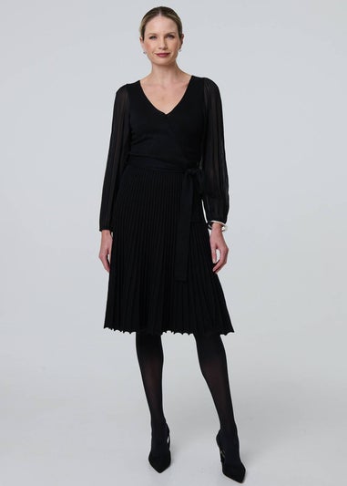Izabel London Black Semi Sheer Pleated Knee length Dress