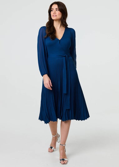 Izabel London Teal Semi Sheer Pleated Knee length Dress