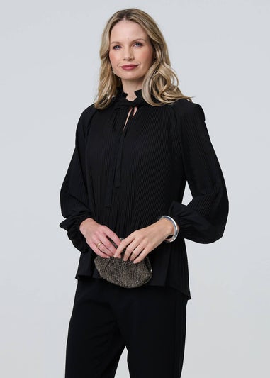 Izabel London Black Pleated Tie Neck Long Sleeve Blouse