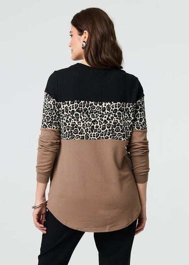 Izabel London Brown Animal Print Striped Top