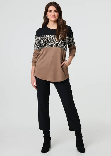 Izabel London Brown Animal Print Striped Top