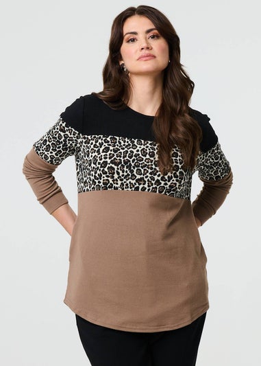 Izabel London Brown Animal Print Striped Top