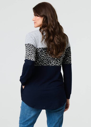 Izabel London Navy Animal Print Striped Top