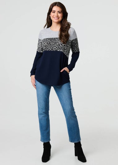 Izabel London Navy Animal Print Striped Top