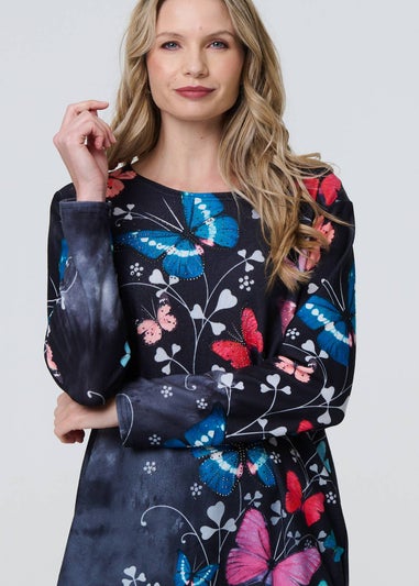 Izabel London Blue Butterfly Print Diamante Detail Tunic