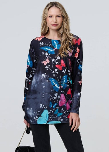 Izabel London Blue Butterfly Print Diamante Detail Tunic