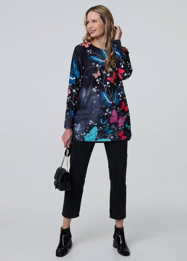 Izabel London Blue Butterfly Print Diamante Detail Tunic