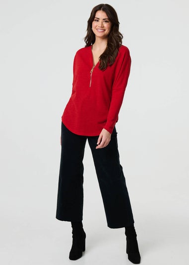 Izabel London Rust Zip Front V-Neck Relaxed Sleeve Top