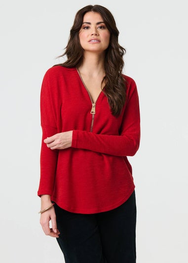 Izabel London Rust Zip Front V-Neck Relaxed Sleeve Top