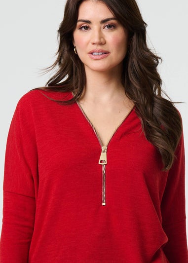 Izabel London Rust Zip Front V-Neck Relaxed Sleeve Top