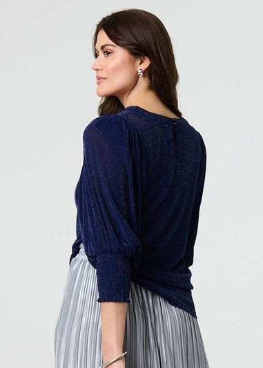 Izabel London Navy Sparkly Puff Sleeve Mesh Top