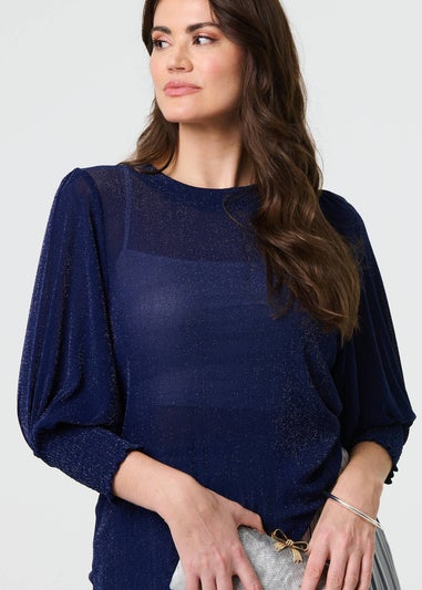 Izabel London Navy Sparkly Puff Sleeve Mesh Top