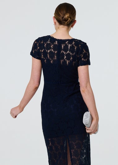 Izabel London Navy Floral Lace Layer Slim Knee Length Dress