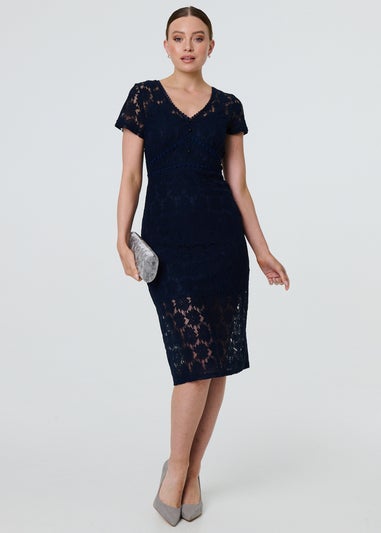 Izabel London Navy Floral Lace Layer Slim Knee Length Dress