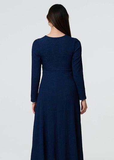 Izabel London Navy Textured Ruched Long Sleeve Midi Dress