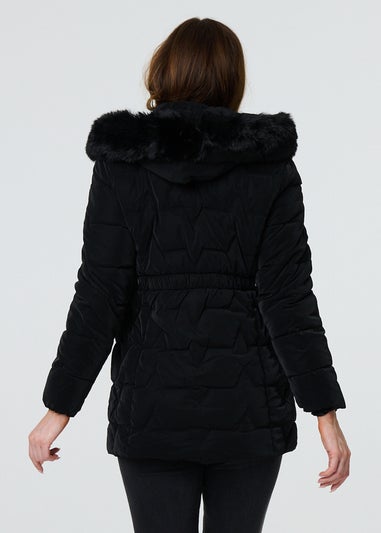 Izabel London Black Faux Fur Padded Zip-Up Hooded Jacket