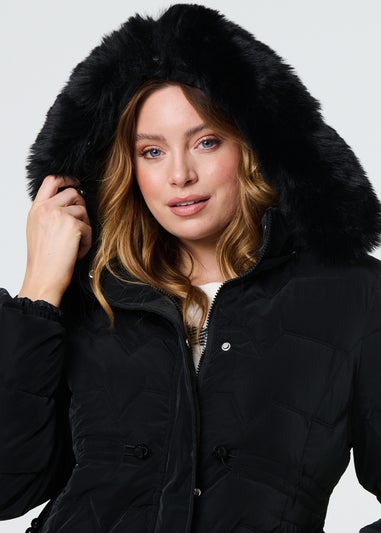 Izabel London Black Faux Fur Padded Zip-Up Hooded Jacket