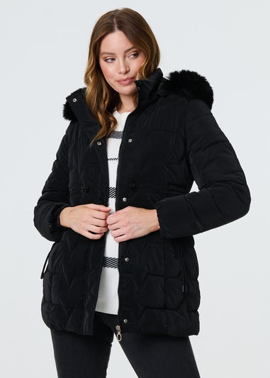 Izabel London Black Faux Fur Padded Zip-Up Hooded Jacket