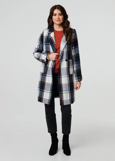 Izabel London Navy Checked Double Breasted Trench Coat