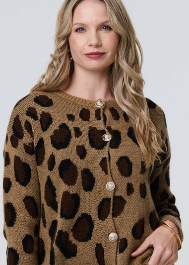 Izabel London Brown Animal Print Button-Up Boxy Cardigan