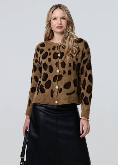 Izabel London Brown Animal Print Button-Up Boxy Cardigan