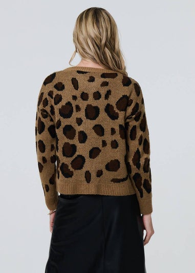 Izabel London Brown Animal Print Button-Up Boxy Cardigan