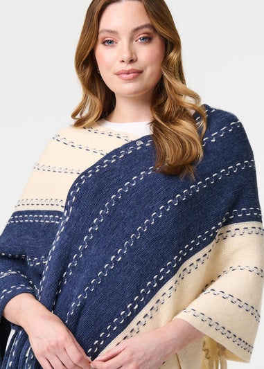 Izabel London Blue Striped Tassel Trim Oversized Poncho