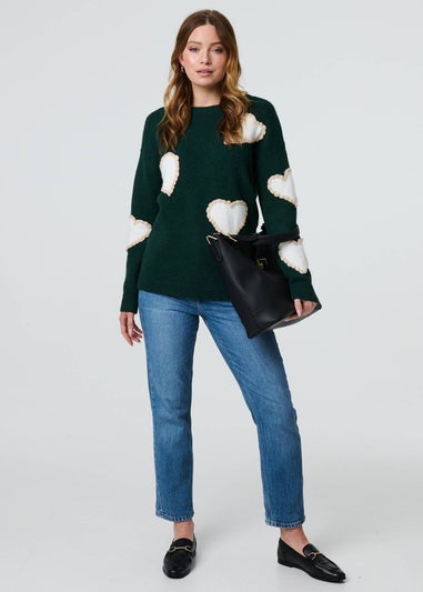 Izabel London Green Heart Embellished Slim Jumper