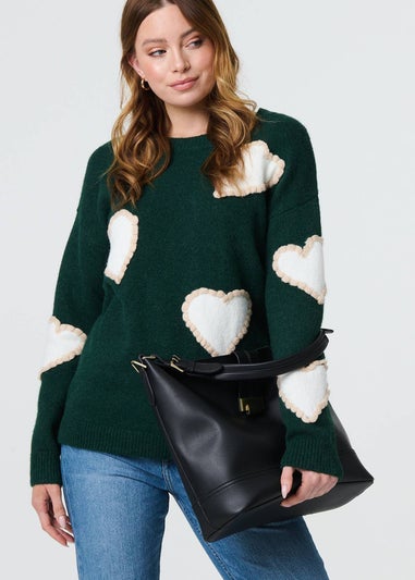 Izabel London Green Heart Embellished Slim Jumper