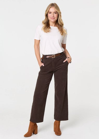 Izabel London Brown Faux Leather Belt Corduroy Trousers